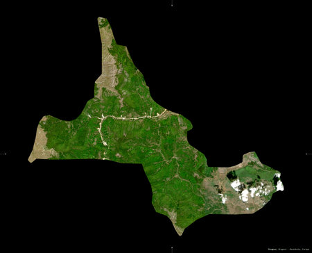 Drugovo, municipality of Macedonia. Sentinel-2 satellite imagery. Shape isolated on black. Description, location of the capital. Contains modified Copernicus Sentinel dataの写真素材