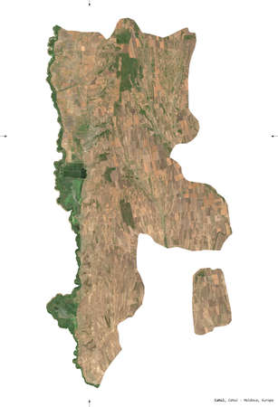 Cahul, district of Moldova. Sentinel-2 satellite imagery. Shape isolated on white. Description, location of the capital. Contains modified Copernicus Sentinel dataの写真素材