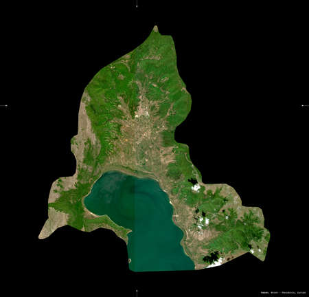 Resen, municipality of Macedonia. Sentinel-2 satellite imagery. Shape isolated on black. Description, location of the capital. Contains modified Copernicus Sentinel dataの写真素材