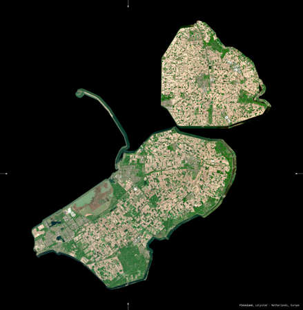 Flevoland, province of Netherlands. Sentinel-2 satellite imagery. Shape isolated on black. Description, location of the capital. Contains modified Copernicus Sentinel dataの写真素材