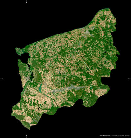 West Pomeranian, voivodeship|province of Poland. Sentinel-2 satellite imagery. Shape isolated on black. Description, location of the capital. Contains modified Copernicus Sentinel dataの写真素材