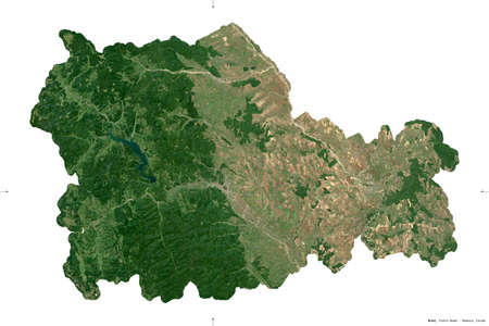 Neamt, county of Romania. Sentinel-2 satellite imagery. Shape isolated on white. Description, location of the capital. Contains modified Copernicus Sentinel dataの写真素材