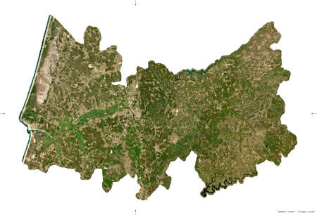 Coimbra, district of Portugal. Sentinel-2 satellite imagery. Shape isolated on white. Description, location of the capital. Contains modified Copernicus Sentinel dataの写真素材