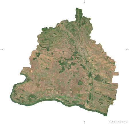 Dolj, county of Romania. Sentinel-2 satellite imagery. Shape isolated on white. Description,...