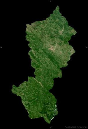Moravicki, district of Serbia. Sentinel-2 satellite imagery. Shape isolated on black. Description, location of the capital. Contains modified Copernicus Sentinel dataの写真素材