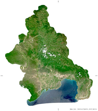 Azua, province of Dominican Republic. Sentinel-2 satellite imagery. Shape isolated on white. Description, location of the capital. Contains modified Copernicus Sentinel dataの写真素材