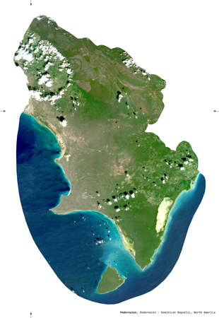 Pedernales, province of Dominican Republic. Sentinel-2 satellite imagery. Shape isolated on white. Description, location of the capital. Contains modified Copernicus Sentinel dataの写真素材