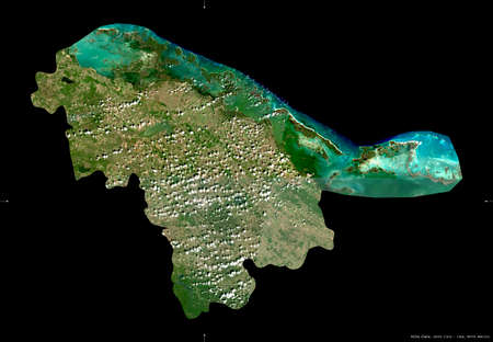 Villa Clara, province of Cuba. Sentinel-2 satellite imagery. Shape isolated on black. Description, location of the capital. Contains modified Copernicus Sentinel dataの写真素材