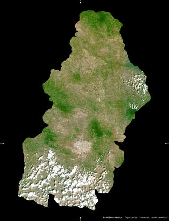 Francisco Morazan, department of Honduras. Sentinel-2 satellite imagery. Shape isolated on black. Description, location of the capital. Contains modified Copernicus Sentinel dataの写真素材