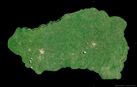 Cabanas, department of El Salvador. Sentinel-2 satellite imagery. Shape isolated on black. Description, location of the capital. Contains modified Copernicus Sentinel dataの写真素材