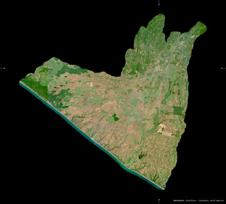 Retalhuleu, department of Guatemala. Sentinel-2 satellite imagery. Shape isolated on black. Description, location of the capital. Contains modified Copernicus Sentinel dataの写真素材