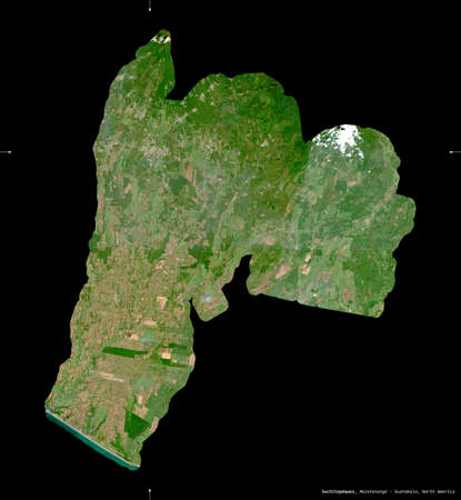 Suchitepequez, department of Guatemala. Sentinel-2 satellite imagery. Shape isolated on black. Description, location of the capital. Contains modified Copernicus Sentinel dataの写真素材