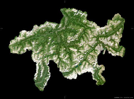 Graubunden, canton of Switzerland. Sentinel-2 satellite imagery. Shape isolated on black. Description, location of the capital. Contains modified Copernicus Sentinel dataの写真素材