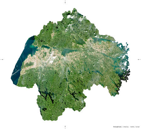 Ostergotland, county of Sweden. Sentinel-2 satellite imagery. Shape isolated on white. Description,...