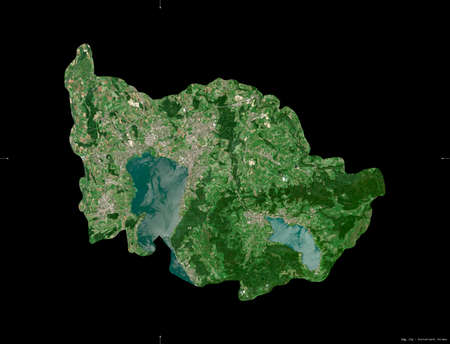 Zug, canton of Switzerland. Sentinel-2 satellite imagery. Shape isolated on black. Description, location of the capital. Contains modified Copernicus Sentinel dataの写真素材
