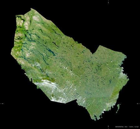 Vasterbotten, county of Sweden. Sentinel-2 satellite imagery. Shape isolated on black. Description, location of the capital. Contains modified Copernicus Sentinel dataの写真素材