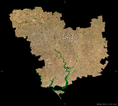 Mykolayiv, region of Ukraine. Sentinel-2 satellite imagery. Shape isolated on black. Description,...