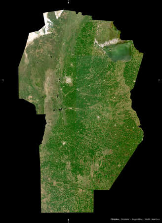Cordoba, province of Argentina. Sentinel-2 satellite imagery. Shape isolated on black. Description, location of the capital. Contains modified Copernicus Sentinel dataの写真素材