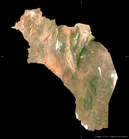 La Rioja, province of Argentina. Sentinel-2 satellite imagery. Shape isolated on black. Description, location of the capital. Contains modified Copernicus Sentinel dataの写真素材