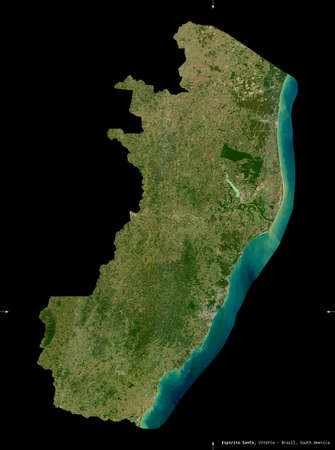 Espirito Santo, state of Brazil. Sentinel-2 satellite imagery. Shape isolated on black. Description, location of the capital. Contains modified Copernicus Sentinel dataの写真素材