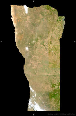 San Luis, province of Argentina. Sentinel-2 satellite imagery. Shape isolated on black. Description, location of the capital. Contains modified Copernicus Sentinel dataの写真素材