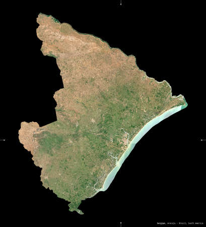 Sergipe, state of Brazil. Sentinel-2 satellite imagery. Shape isolated on black. Description, location of the capital. Contains modified Copernicus Sentinel dataの写真素材