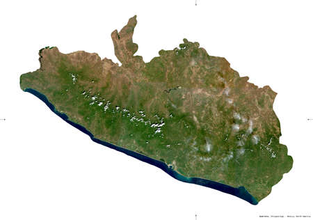 Guerrero, state of Mexico. Sentinel-2 satellite imagery. Shape isolated on white. Description, location of the capital. Contains modified Copernicus Sentinel dataの写真素材