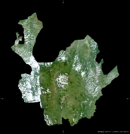 Antioquia, department of Colombia. Sentinel-2 satellite imagery. Shape isolated on black. Description, location of the capital. Contains modified Copernicus Sentinel dataの写真素材