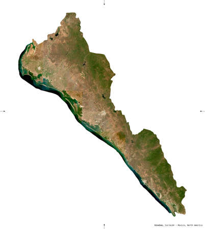 Sinaloa, state of Mexico. Sentinel-2 satellite imagery. Shape isolated on white. Description, location of the capital. Contains modified Copernicus Sentinel dataの写真素材