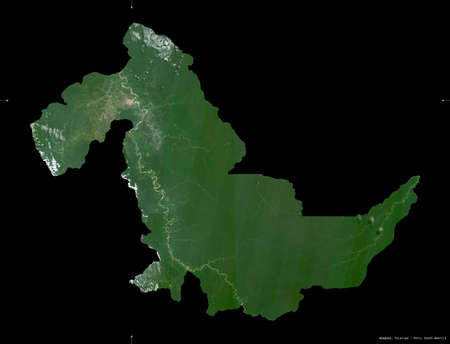 Ucayali, region of Peru. Sentinel-2 satellite imagery. Shape isolated on black. Description, location of the capital. Contains modified Copernicus Sentinel dataの写真素材