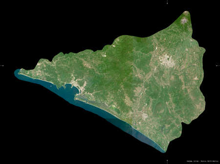 Colima, state of Mexico. Sentinel-2 satellite imagery. Shape isolated on black. Description, location of the capital. Contains modified Copernicus Sentinel dataの写真素材