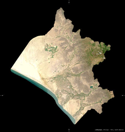Lambayeque, region of Peru. Sentinel-2 satellite imagery. Shape isolated on black. Description, location of the capital. Contains modified Copernicus Sentinel dataの写真素材