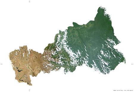 Pasco, region of Peru. Sentinel-2 satellite imagery. Shape isolated on white. Description, location of the capital. Contains modified Copernicus Sentinel dataの写真素材