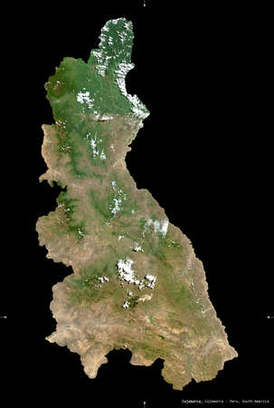 Cajamarca, region of Peru. Sentinel-2 satellite imagery. Shape isolated on black. Description, location of the capital. Contains modified Copernicus Sentinel dataの写真素材