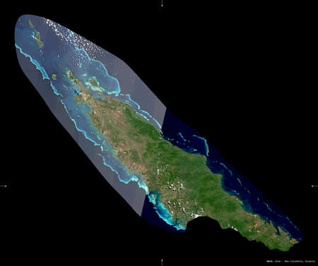 Nord, province of New Caledonia. Sentinel-2 satellite imagery. Shape isolated on black. Description, location of the capital. Contains modified Copernicus Sentinel dataの写真素材
