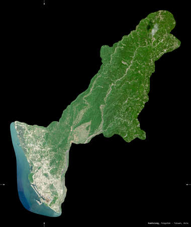 Kaohsiung, special municipality of Taiwan. Sentinel-2 satellite imagery. Shape isolated on black. Description, location of the capital. Contains modified Copernicus Sentinel dataの写真素材