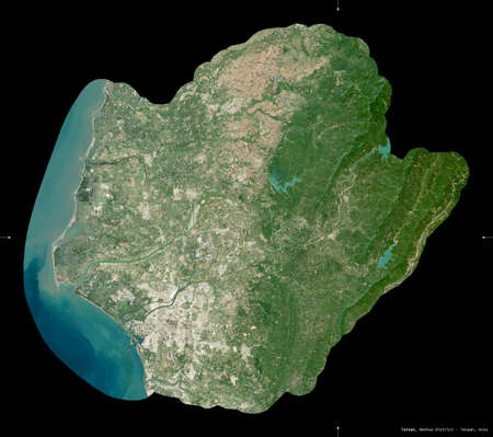 Tainan, special municipality of Taiwan. Sentinel-2 satellite imagery. Shape isolated on black. Description, location of the capital. Contains modified Copernicus Sentinel dataの写真素材