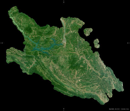 Hoa Binh, province of Vietnam. Sentinel-2 satellite imagery. Shape isolated on black. Description, location of the capital. Contains modified Copernicus Sentinel dataの写真素材