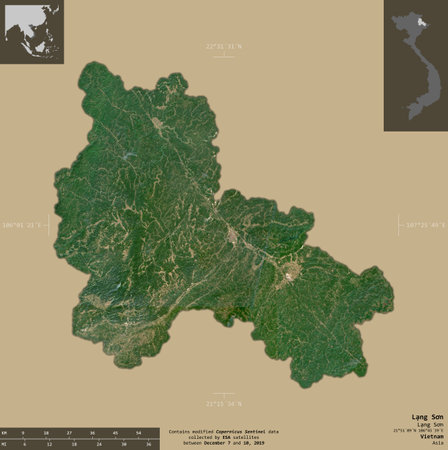 Lang Son, province of Vietnam. Sentinel-2 satellite imagery. Shape isolated on solid background with informative overlays. Contains modified Copernicus Sentinel dataの写真素材