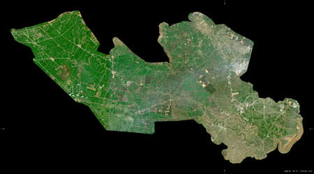 Long An, province of Vietnam. Sentinel-2 satellite imagery. Shape isolated on black. Description, location of the capital. Contains modified Copernicus Sentinel dataの写真素材