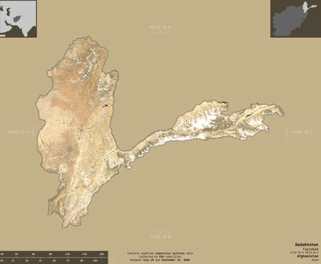 Badakhshan, province of Afghanistan. satellite imagery. Shape isolated on solid background with informative overlays. Contains modified Copernicus Sentinel dataの写真素材