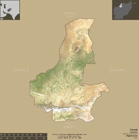 Faryab, province of Afghanistan.  satellite imagery. Shape isolated on solid background with informative overlays. Contains modified Copernicus Sentinel dataの写真素材