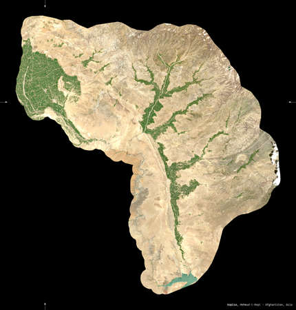 Kapisa, province of Afghanistan.    satellite imagery. Shape isolated on black. Description, location of the capital. Contains modified Copernicus Sentinel dataの写真素材