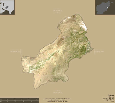 Paktya, province of Afghanistan.   satellite imagery. Shape isolated on solid background with informative overlays. Contains modified Copernicus Sentinel dataの写真素材