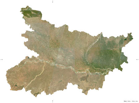 Bihar, state of India. Sentinel-2 satellite imagery. Shape isolated on white. Description, location of the capital. Contains modified Copernicus Sentinel dataの写真素材