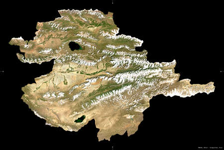 Naryn, province of Kyrgyzstan. Sentinel-2 satellite imagery. Shape isolated on black. Description, location of the capital. Contains modified Copernicus Sentinel dataの写真素材
