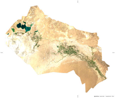Qyzylorda, region of Kazakhstan. Sentinel-2 satellite imagery. Shape isolated on white. Description, location of the capital. Contains modified Copernicus Sentinel dataの写真素材