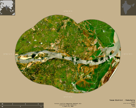 Yanam District - Puducherry, district of the union territory of India. Sentinel-2 satellite imagery....
