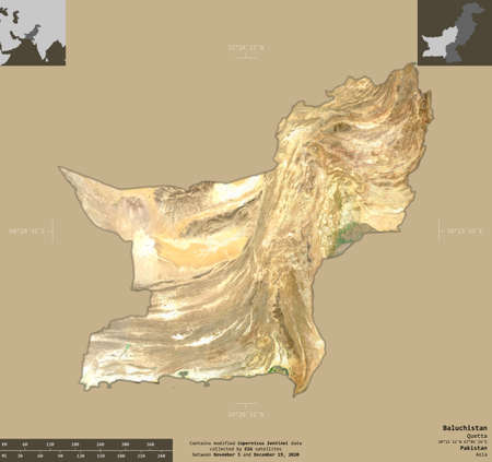Baluchistan, province of Pakistan. Sentinel-2 satellite imagery. Shape isolated on solid background with informative overlays. Contains modified Copernicus Sentinel dataの写真素材
