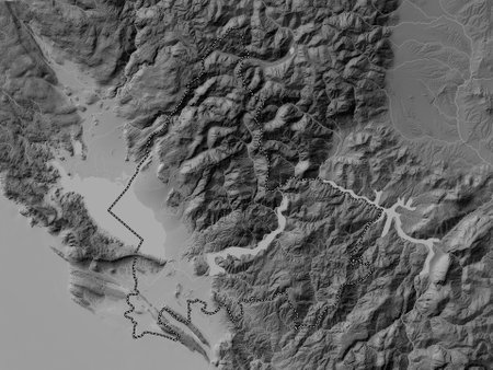 Shkoder, county of Albania. Grayscale elevation map with lakes and rivers